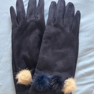 Women’s Navy Faux Suede Gloves with Pom Pom Accents